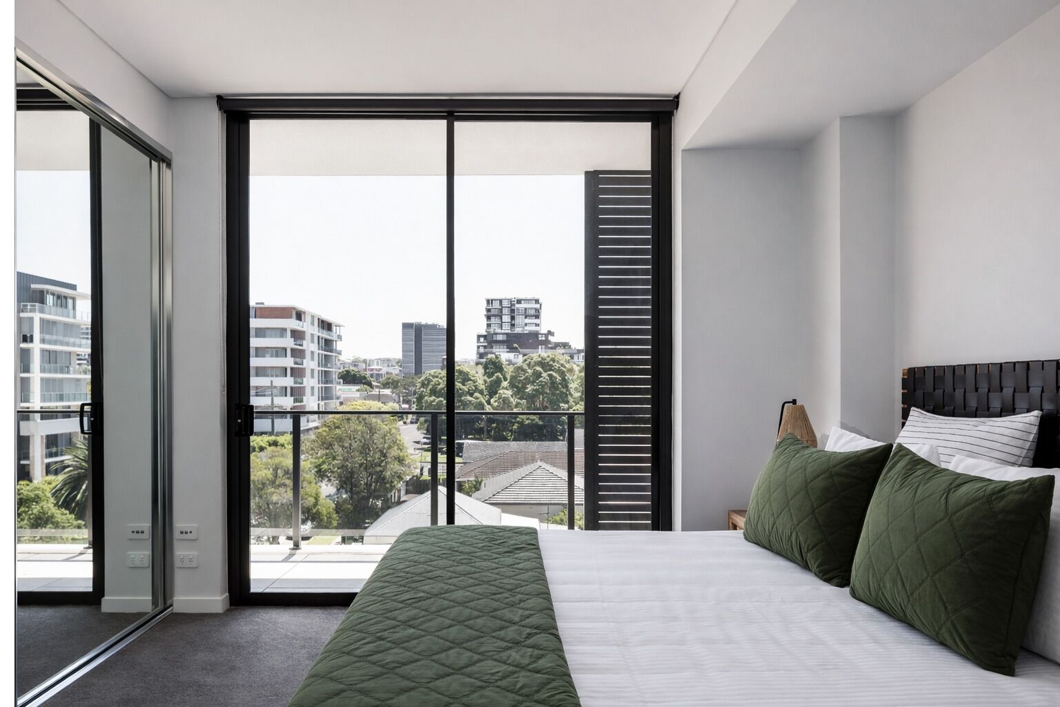 Desk, laptop workspace, blackout curtains, iron/ironing board