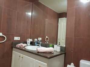 Combined shower/bathtub, hair dryer, towels