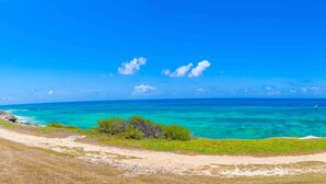 A coastal landscape with a clear sky, turquoise sea, and green vegetation.