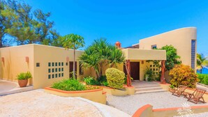 A resort with a curved building, palm trees, and a gravel courtyard with lounge chairs.