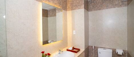 Une salle de bain avec un lavabo en marbre, un miroir, des toilettes et une poubelle.