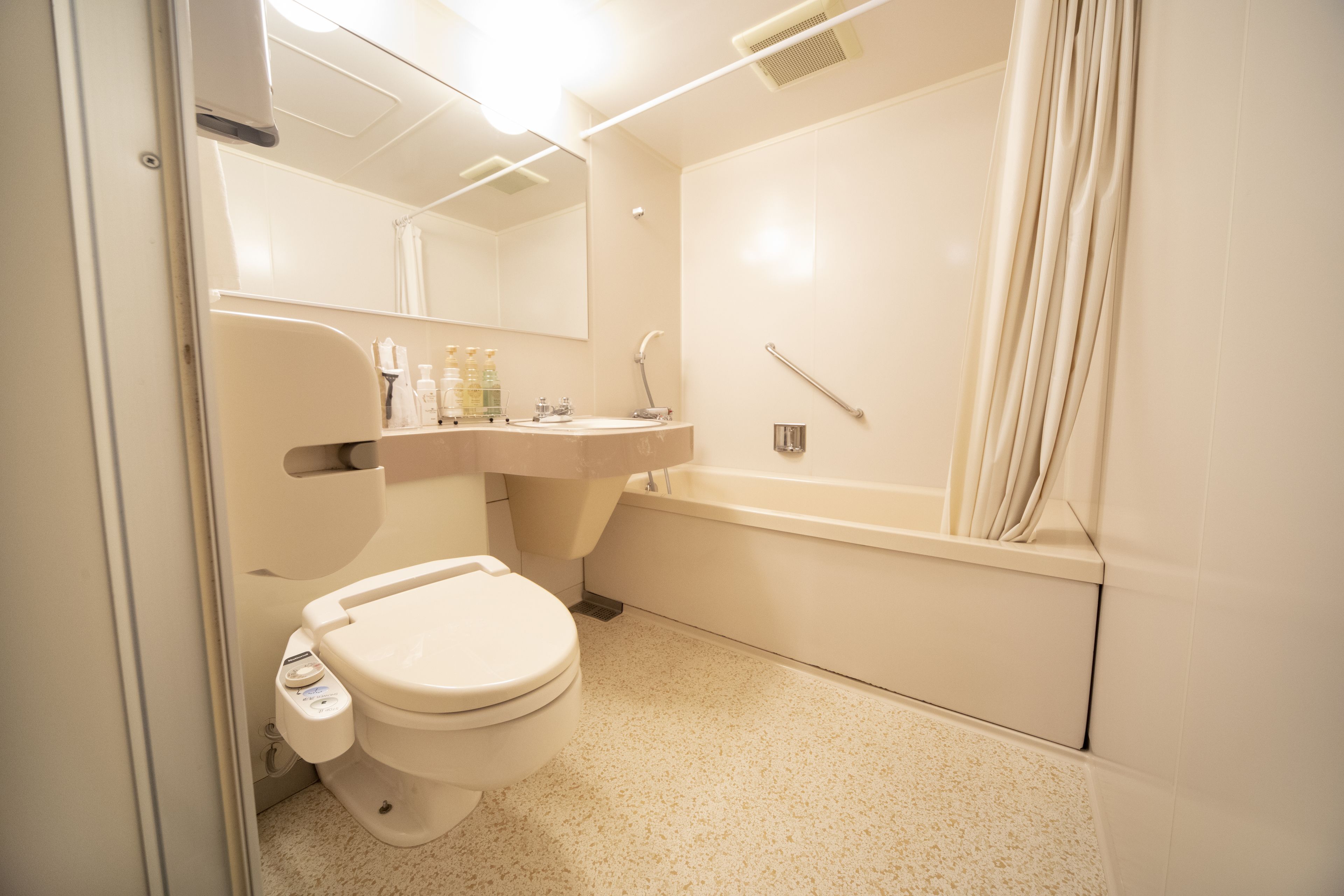 combined shower/bathtub, free toiletries, hair dryer, slippers