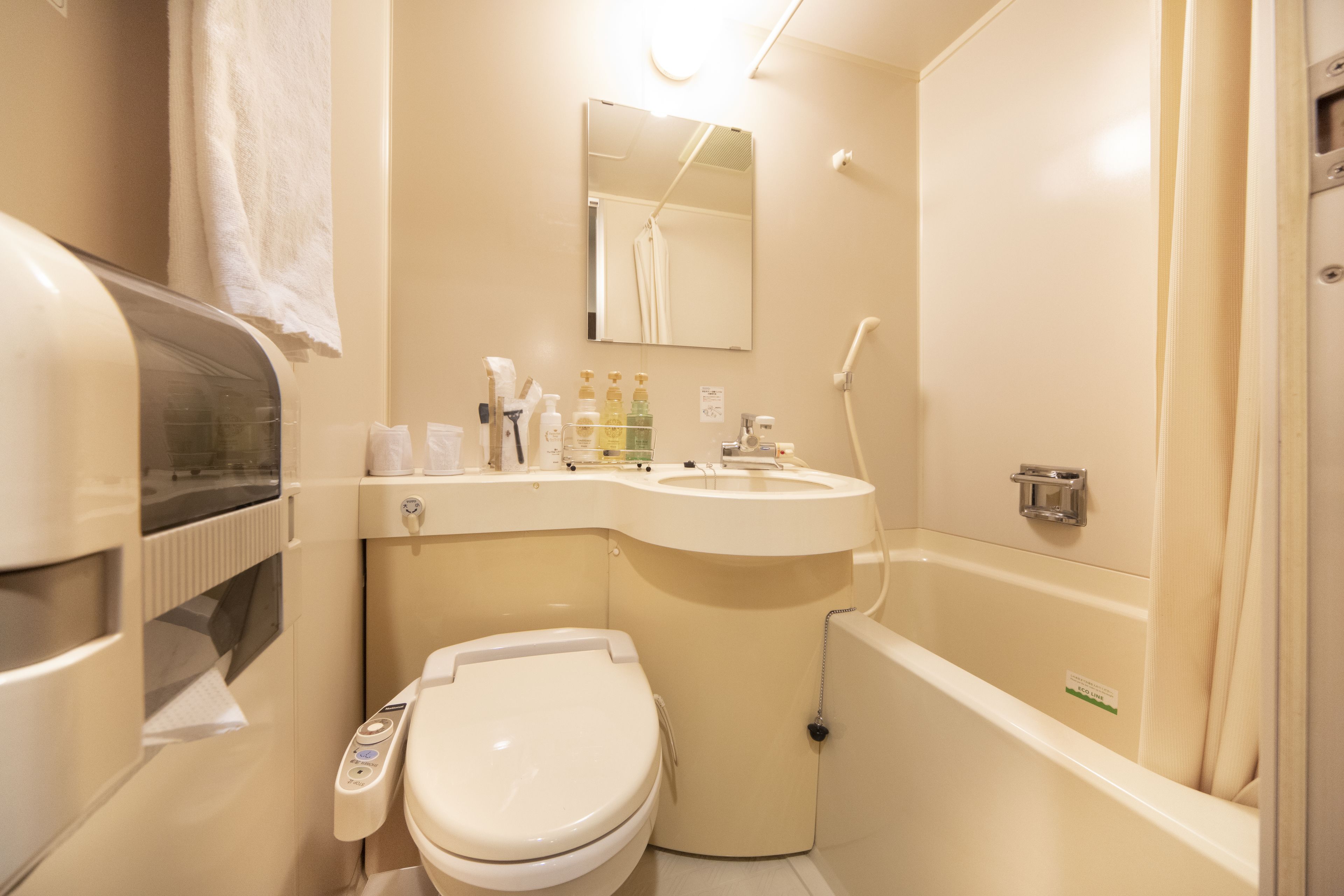 combined shower/bathtub, free toiletries, hair dryer, slippers