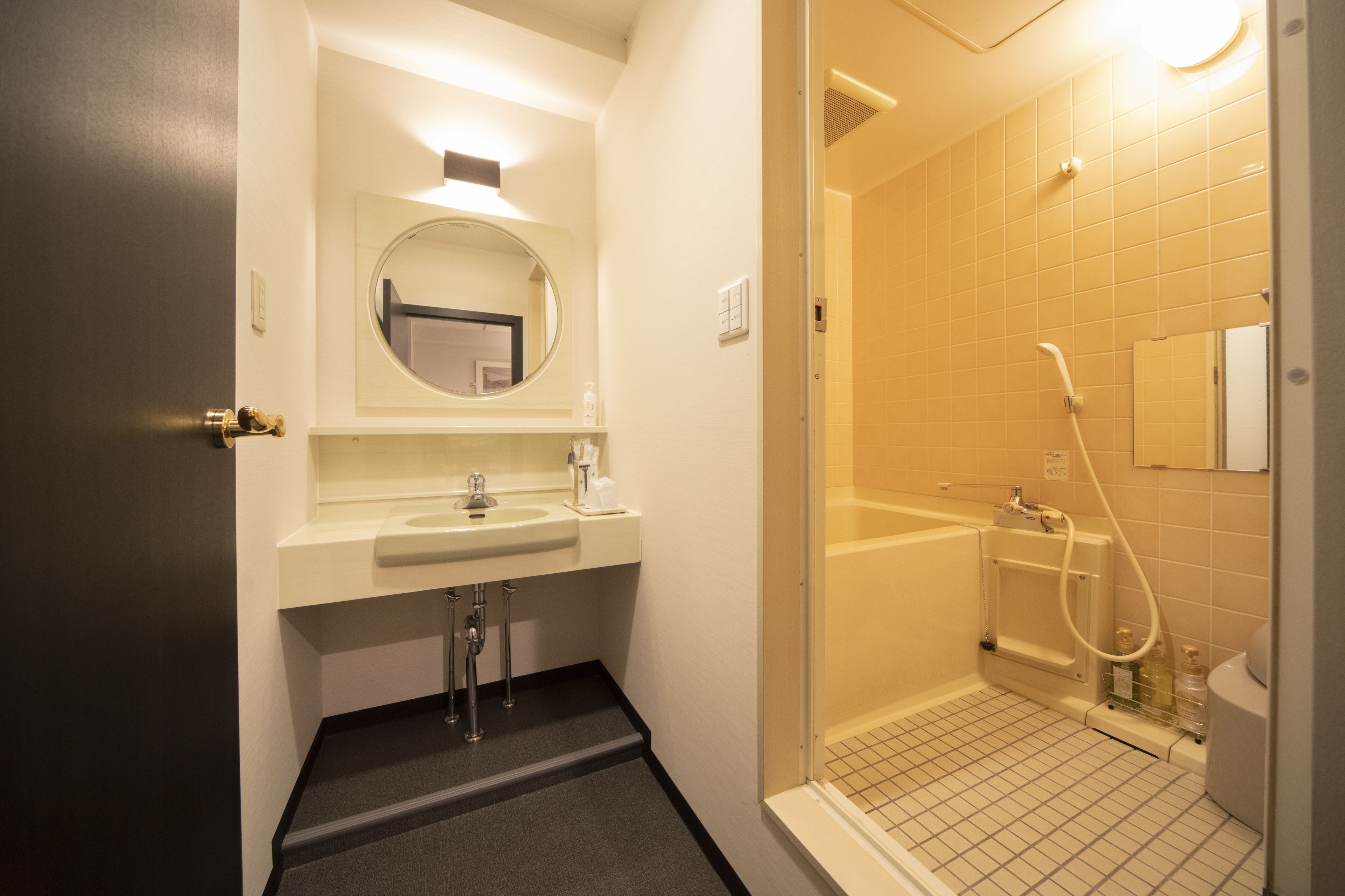 combined shower/bathtub, free toiletries, hair dryer, slippers