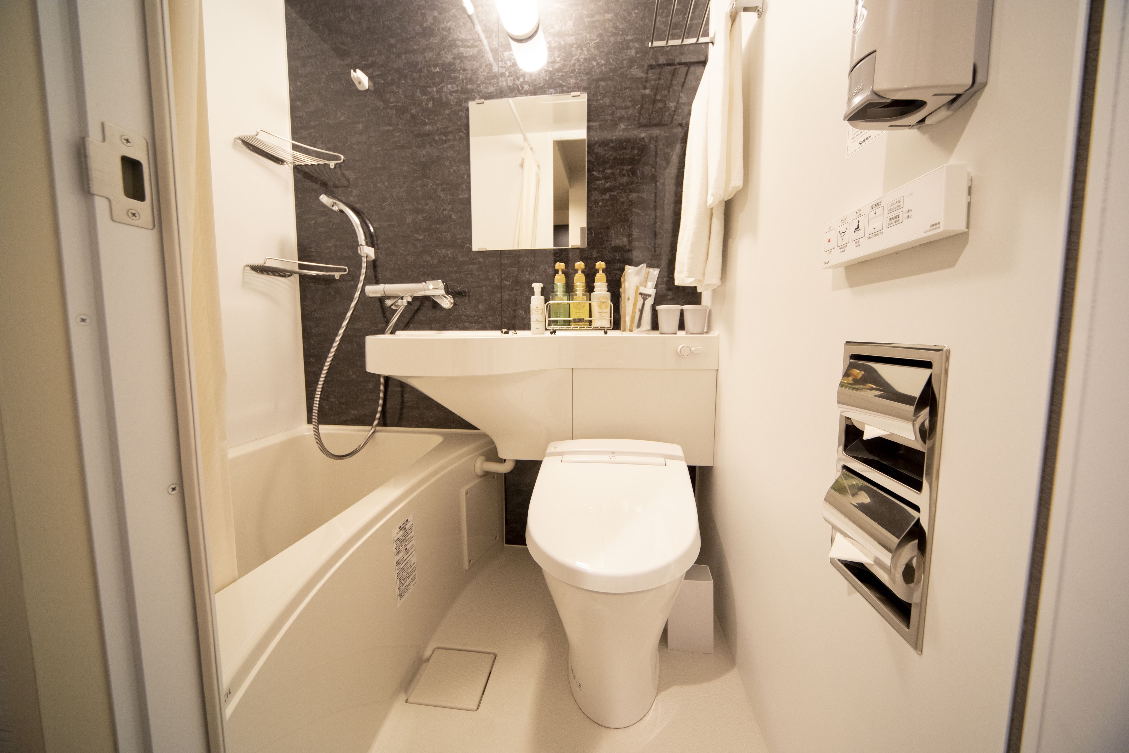 combined shower/bathtub, free toiletries, hair dryer, slippers