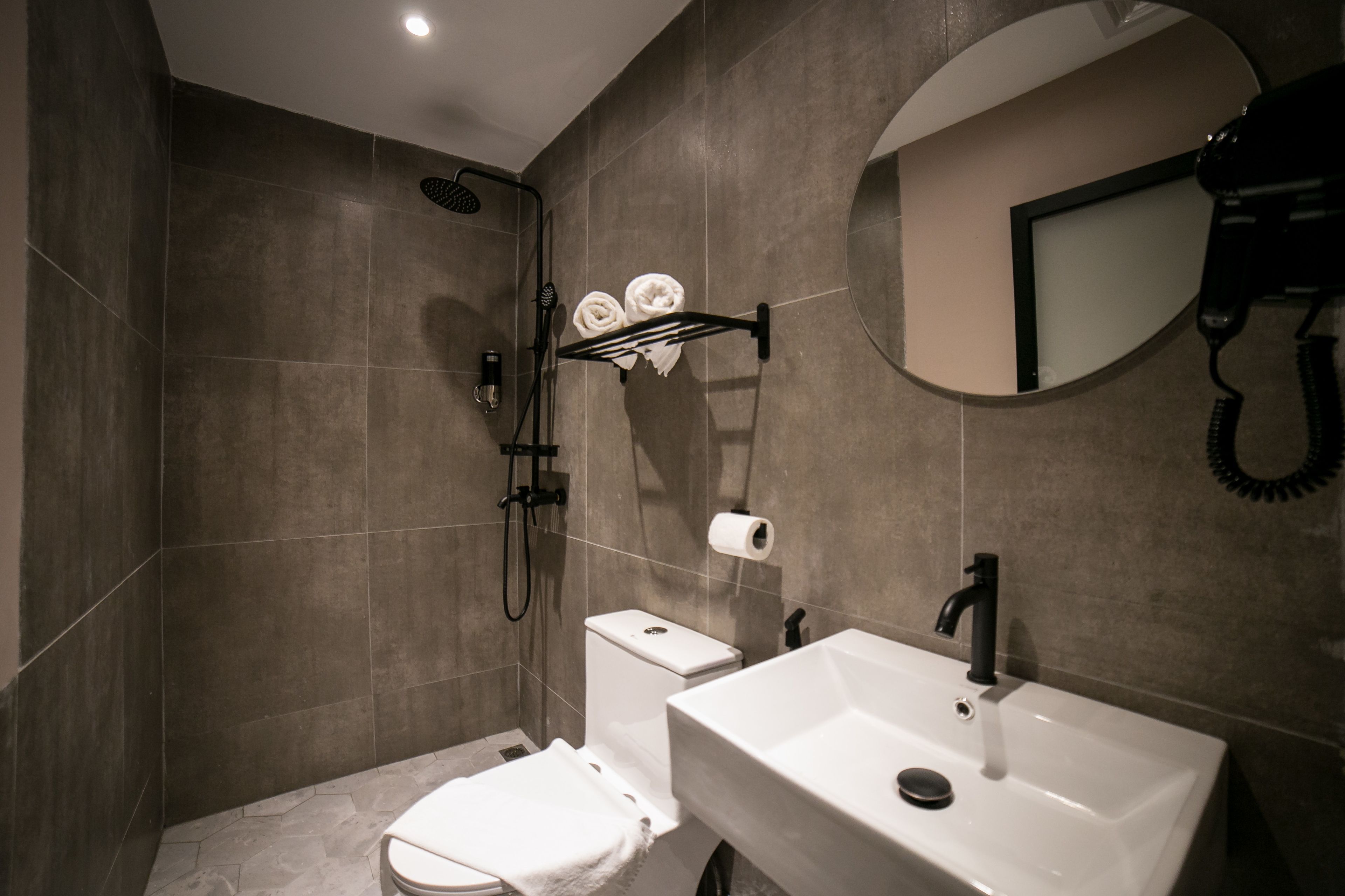 Shower, rainfall showerhead, hair dryer, slippers
