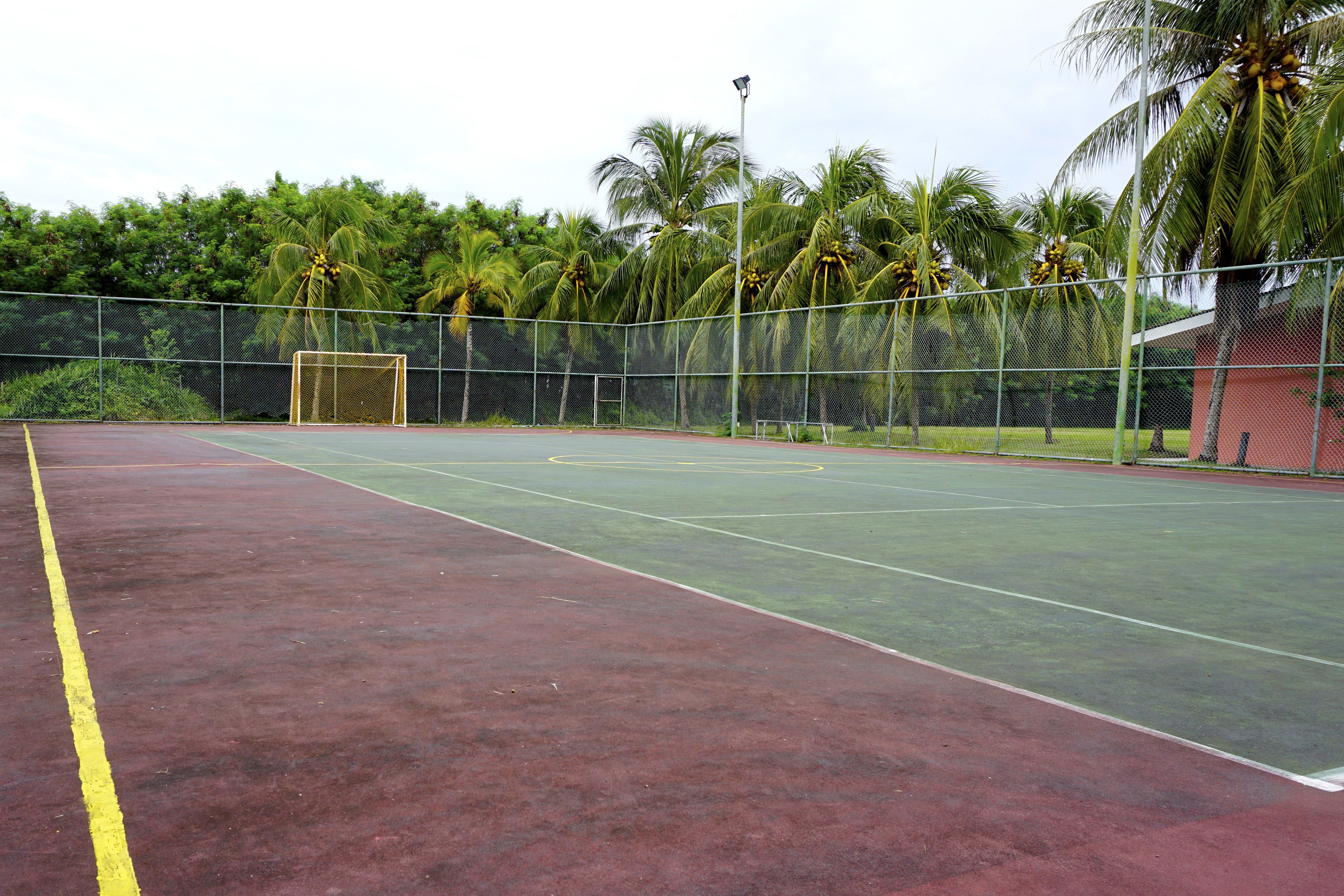 An outdoor tennis court with a net, surrounded by a fence and palm trees.