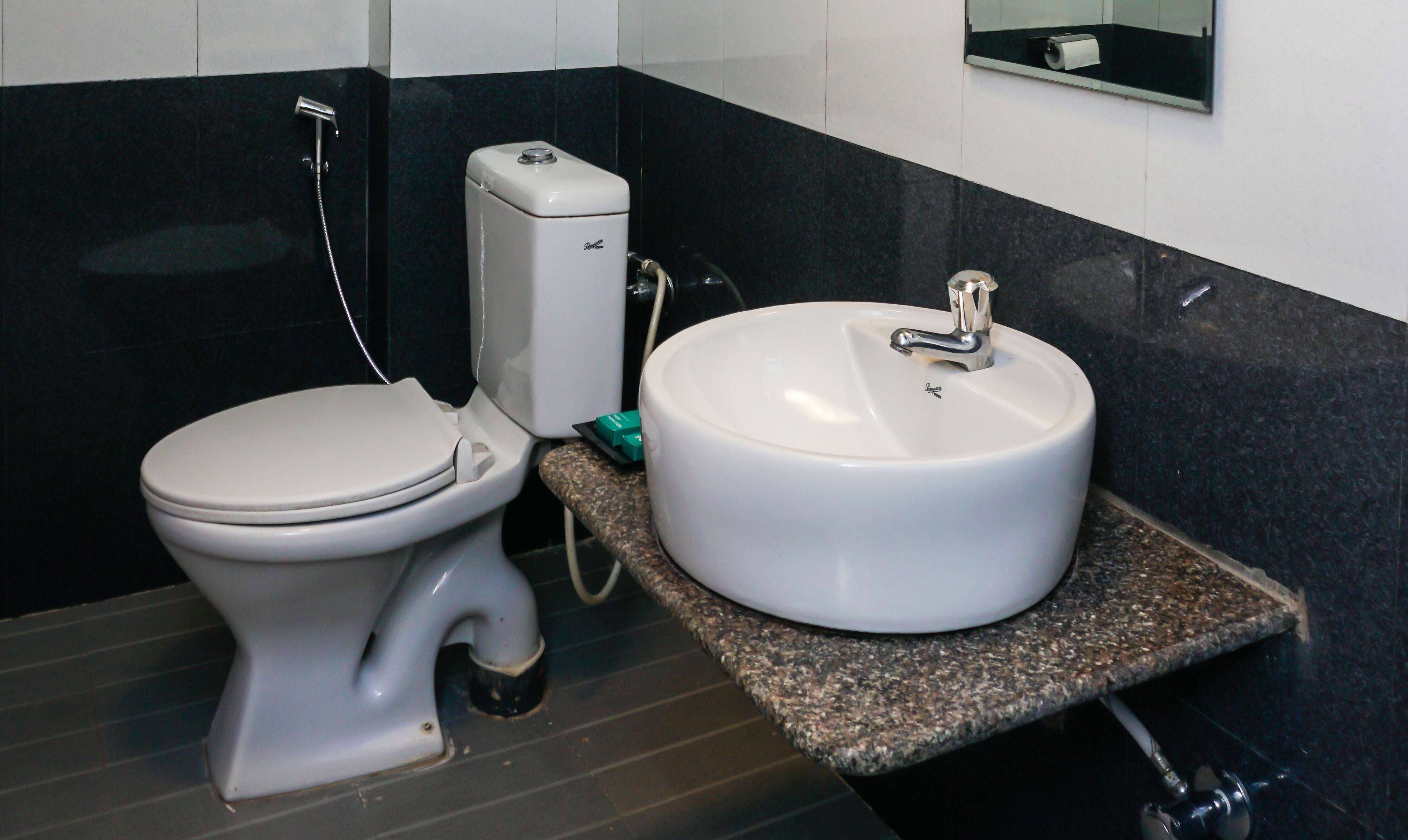 A bathroom with a toilet, a sink, and a mirror.