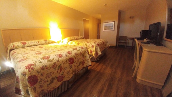 Desk, laptop workspace, blackout curtains, free WiFi