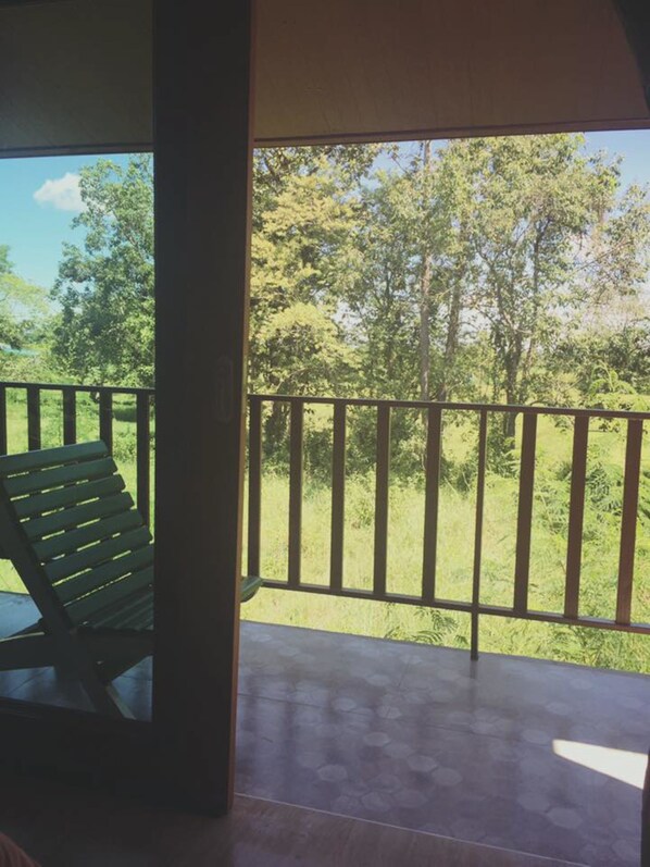 A balcony with a wooden railing, a single green chair, and a view of a grassy area with trees.