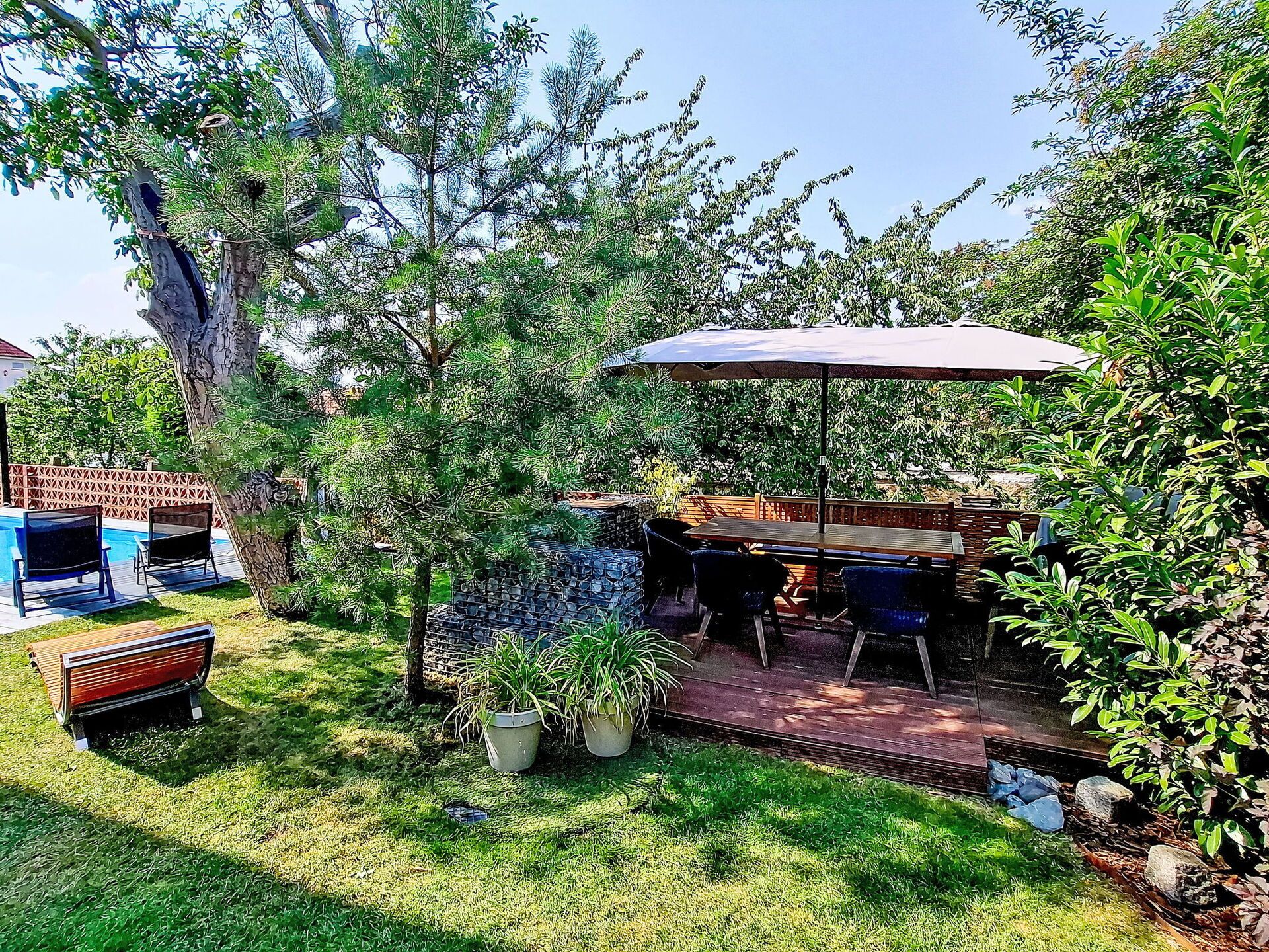 Área de pátio com mesa e cadeiras, cercada por plantas em vasos e uma árvore.