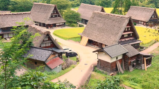 A traditional village with thatched-roof houses, a central pathway, and surrounding greenery. - Gokayama Ryokan Yoshinoya (Nanto)