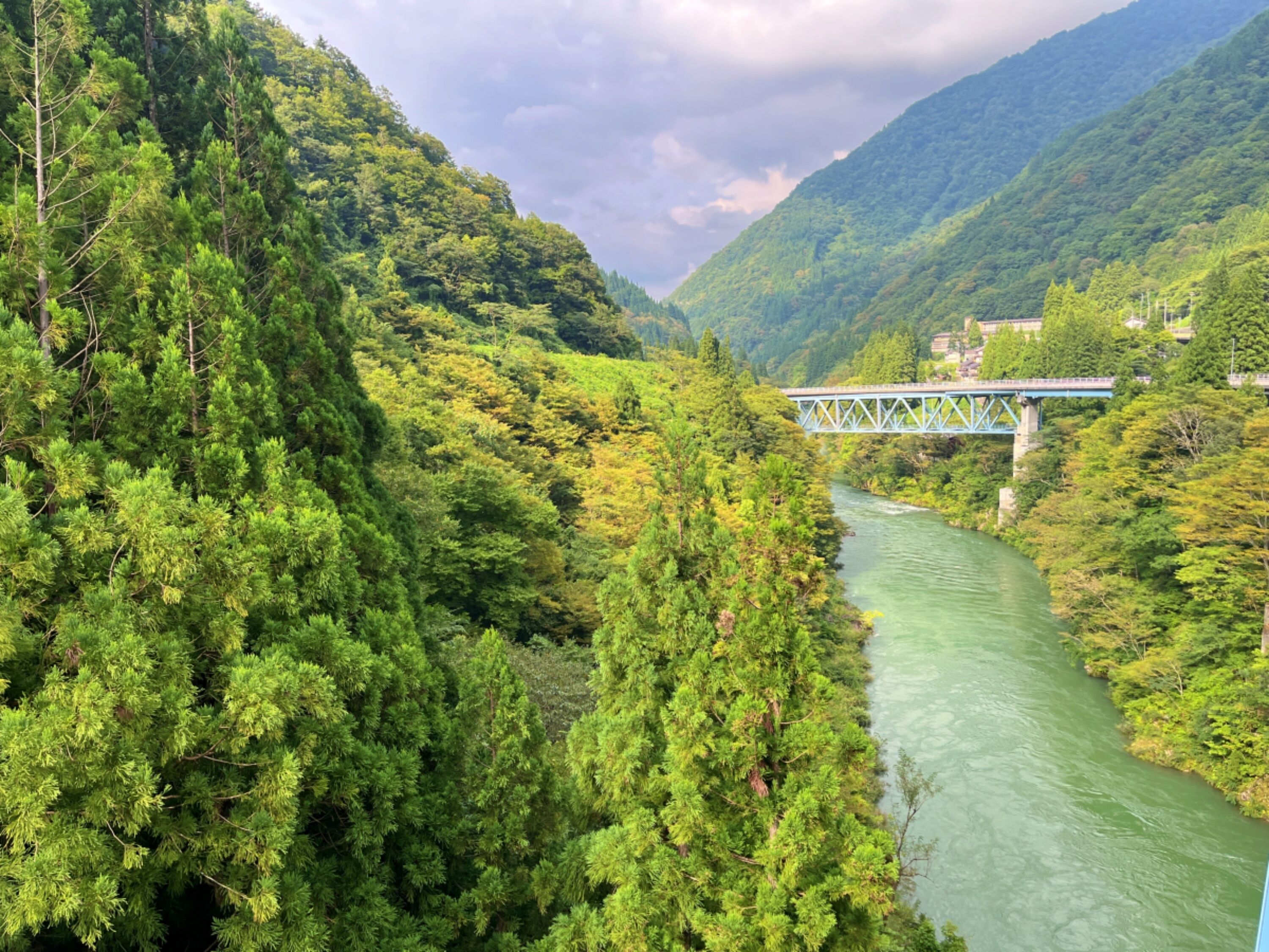 A river flowing through a forested valley with a bridge.