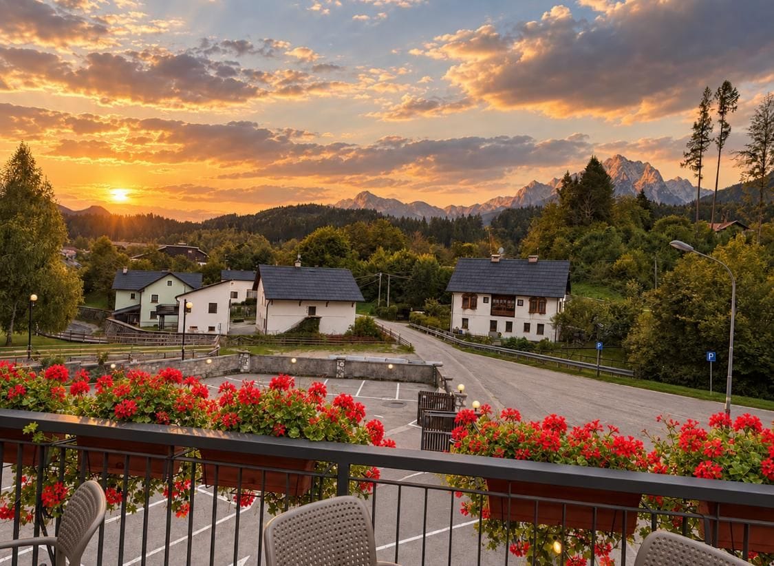 A residential area with houses, a road, and a sunset view.