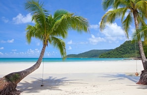 A beach with white sand and palm trees.
