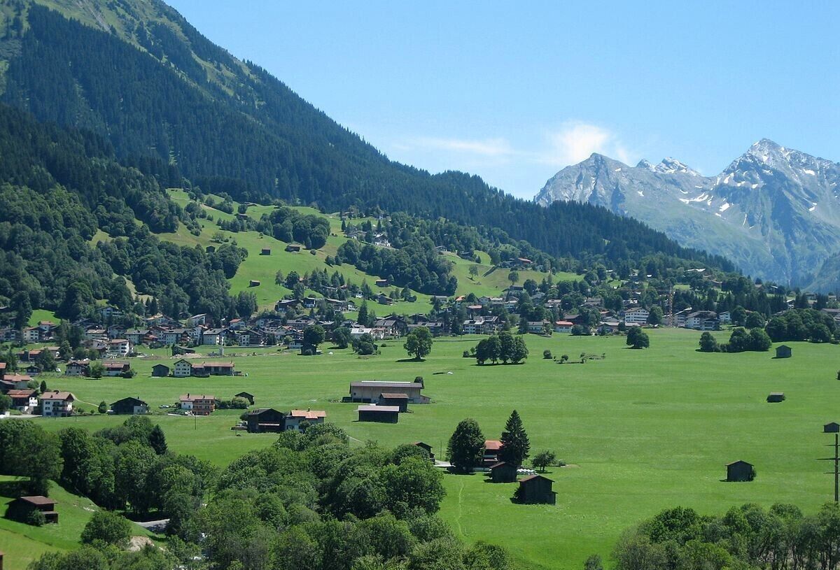 A rural village with houses, green fields, and mountains in the background.