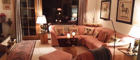 Televisio, takka, DVD-soitin, stereot