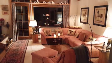 Tv, eldstad, dvd-spelare och en stereo