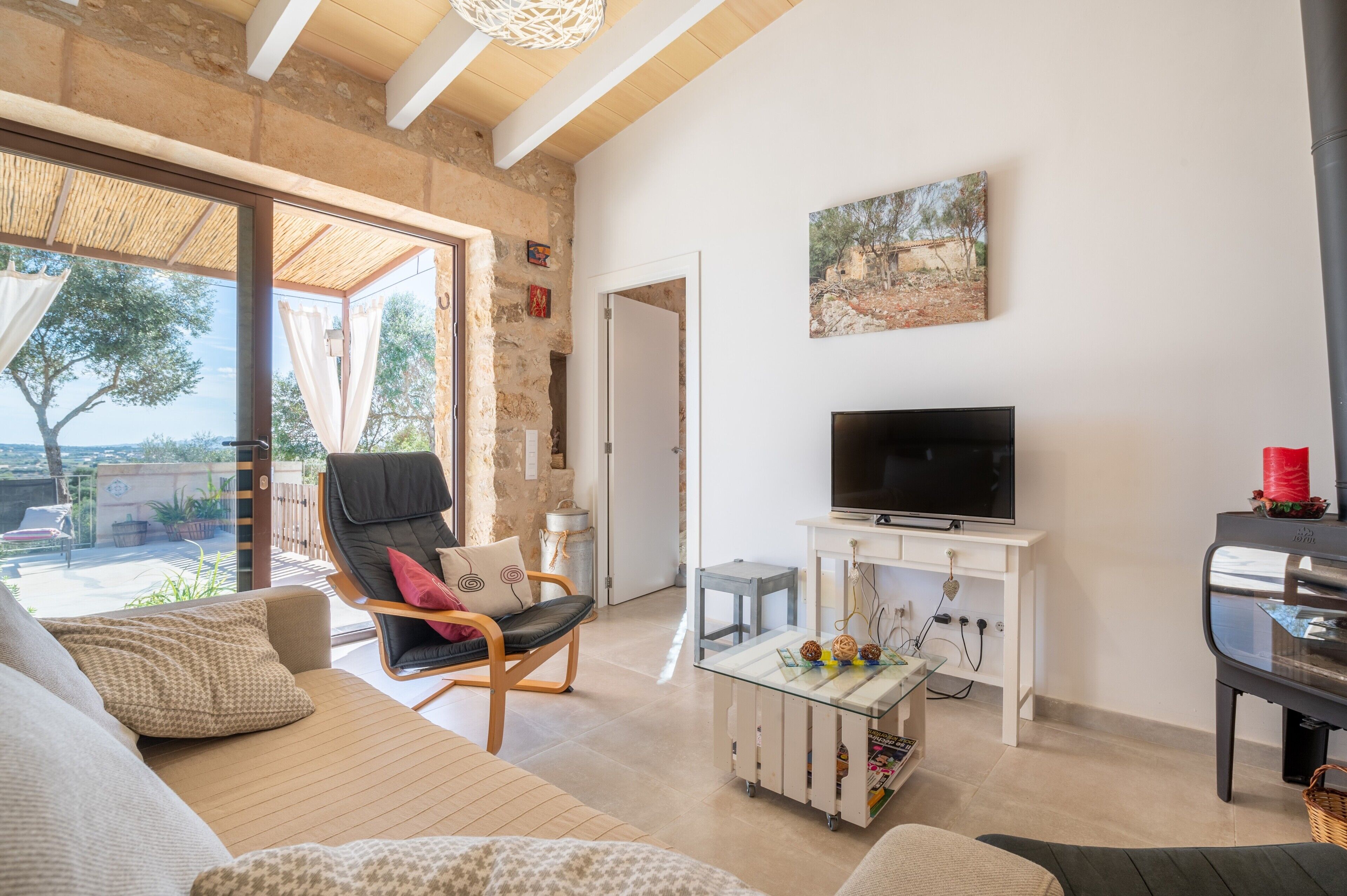 Télévision, cheminée, chaîne hi-fi