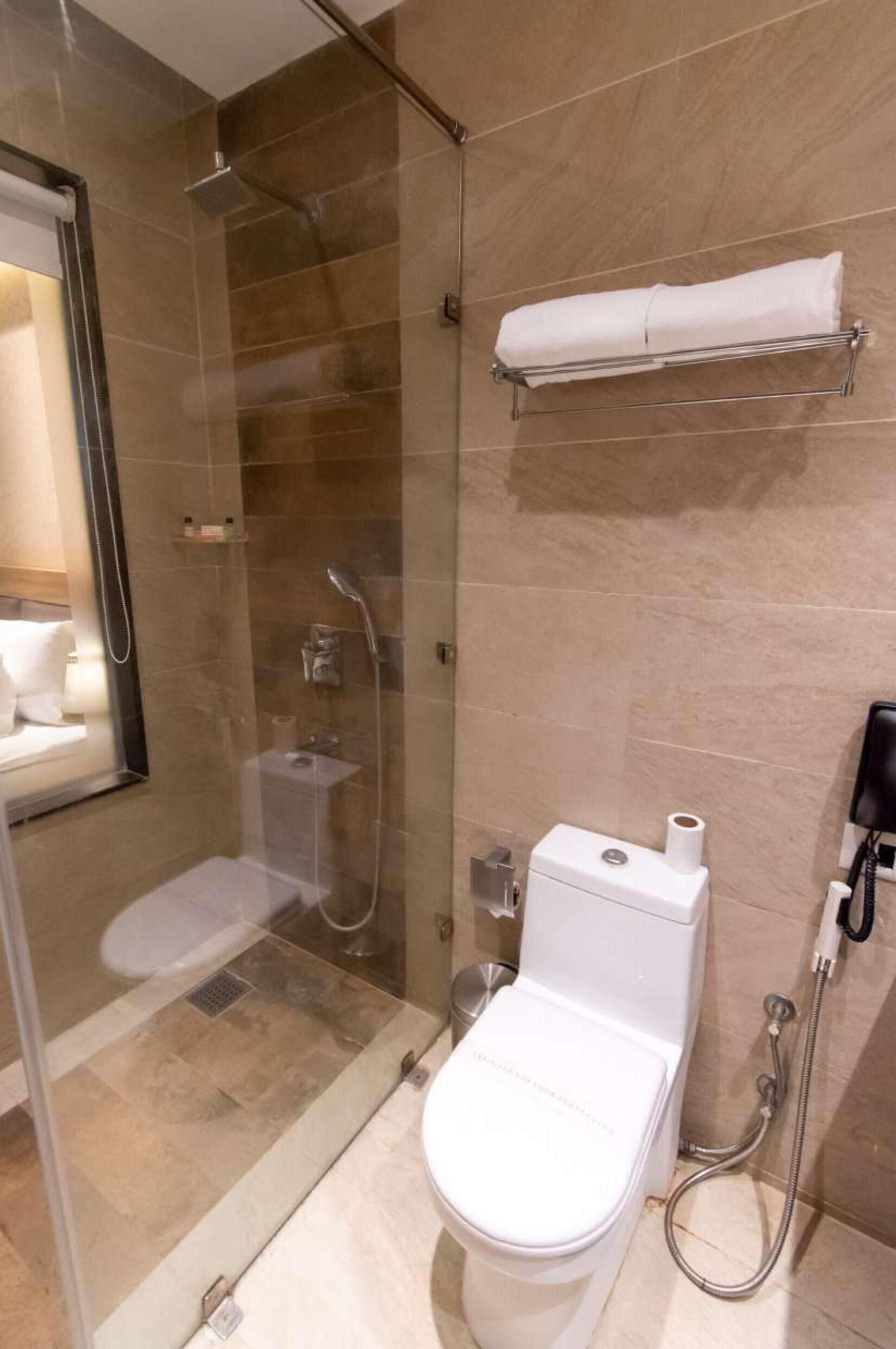 A modern bathroom with a glass-enclosed shower, a toilet, and a towel rack.