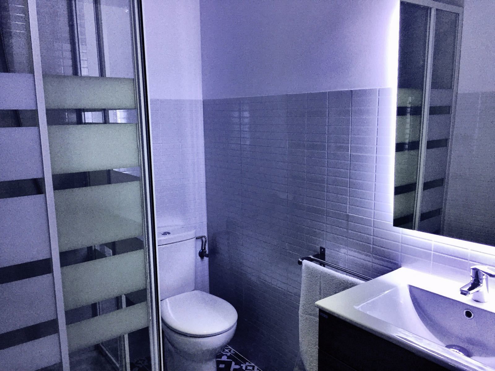 A bathroom with a toilet, a sink, and a mirror.