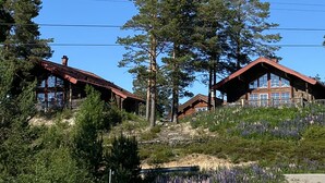 A cabin-style building with a sloped roof, large windows, and a stone foundation. - Alpstigen 8b (Jarvso)