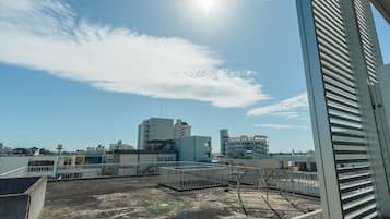 A rooftop view with buildings in the background, a clear sky, and a sun shining.
