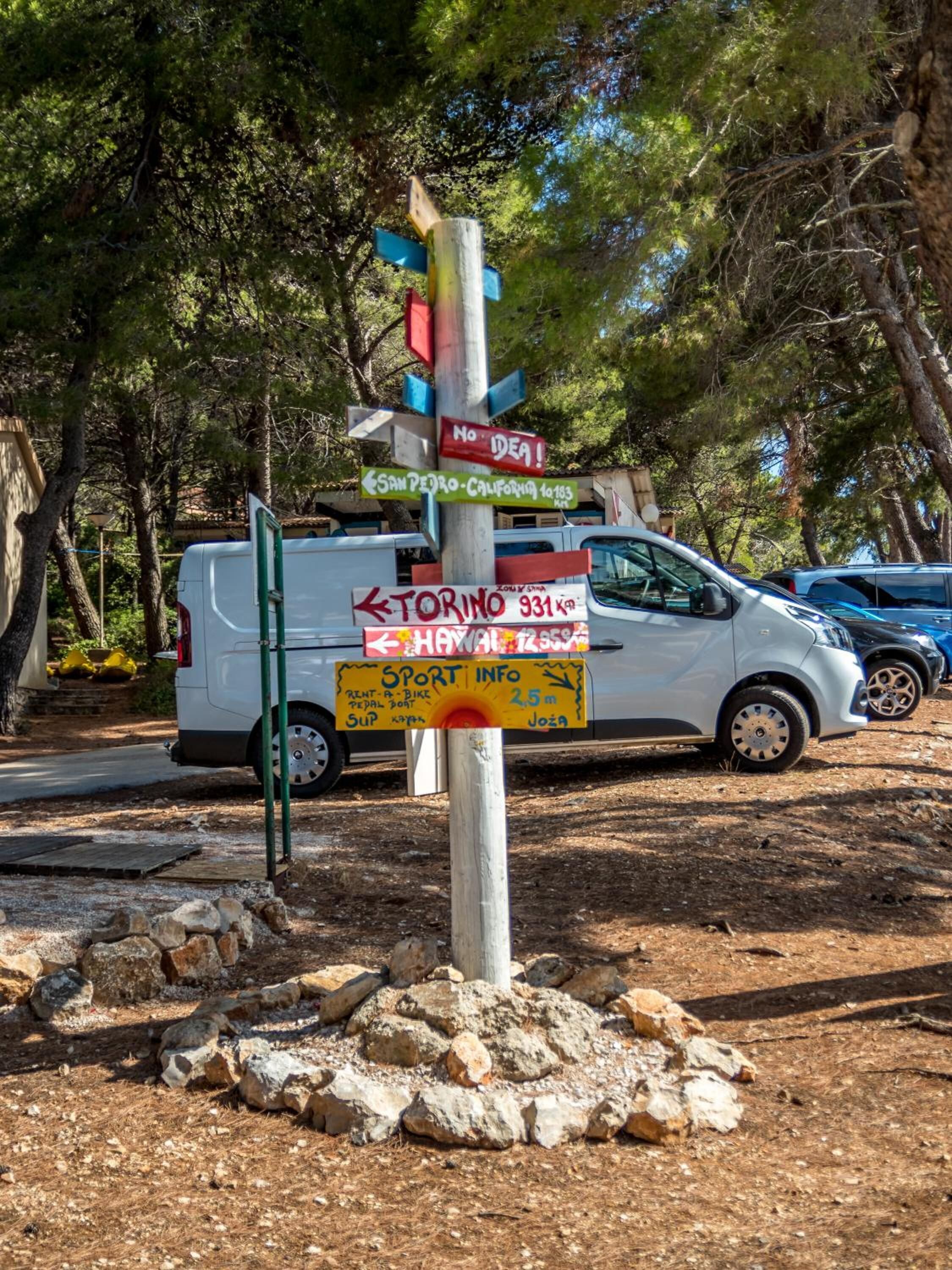 A directional signpost with multiple arrows pointing in different directions, a white van parked nearby, and a blue car in the background.
