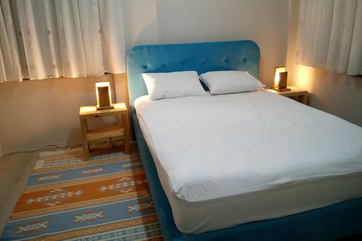 A bedroom with a blue headboard, white bedding, two bedside tables with lamps, and a patterned rug.