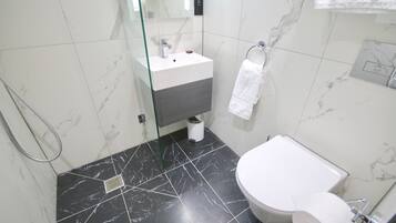 A modern bathroom with a white sink, a toilet, and a glass shower enclosure.