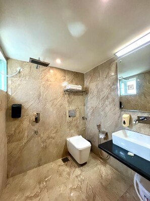 Bathroom features a white toilet, black sink, and large mirror.