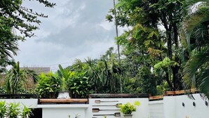 Un área de piscina con pared blanca, listones de madera y diversas plantas.