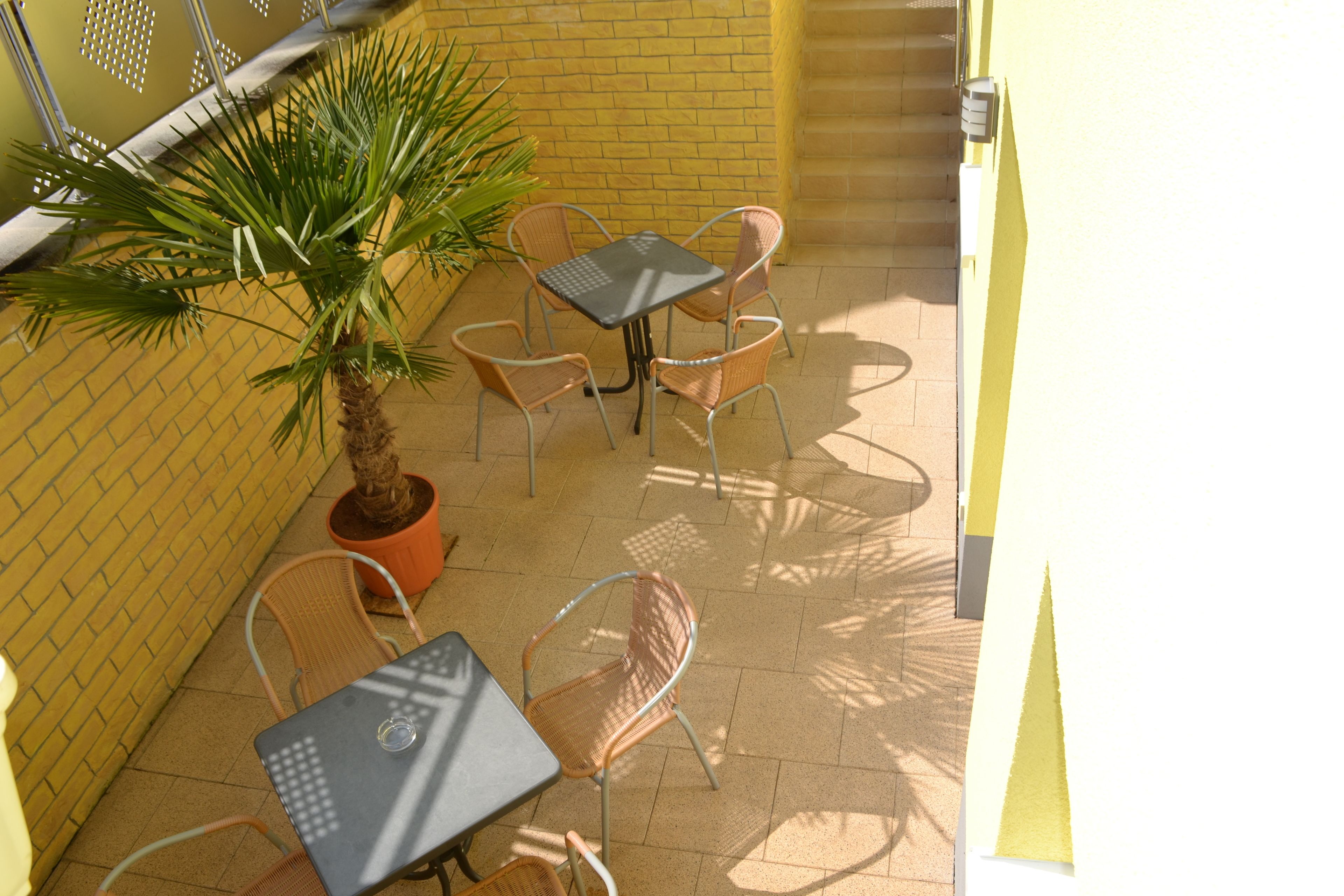Un patio con una mesa y sillas, una planta en maceta y una estatua.