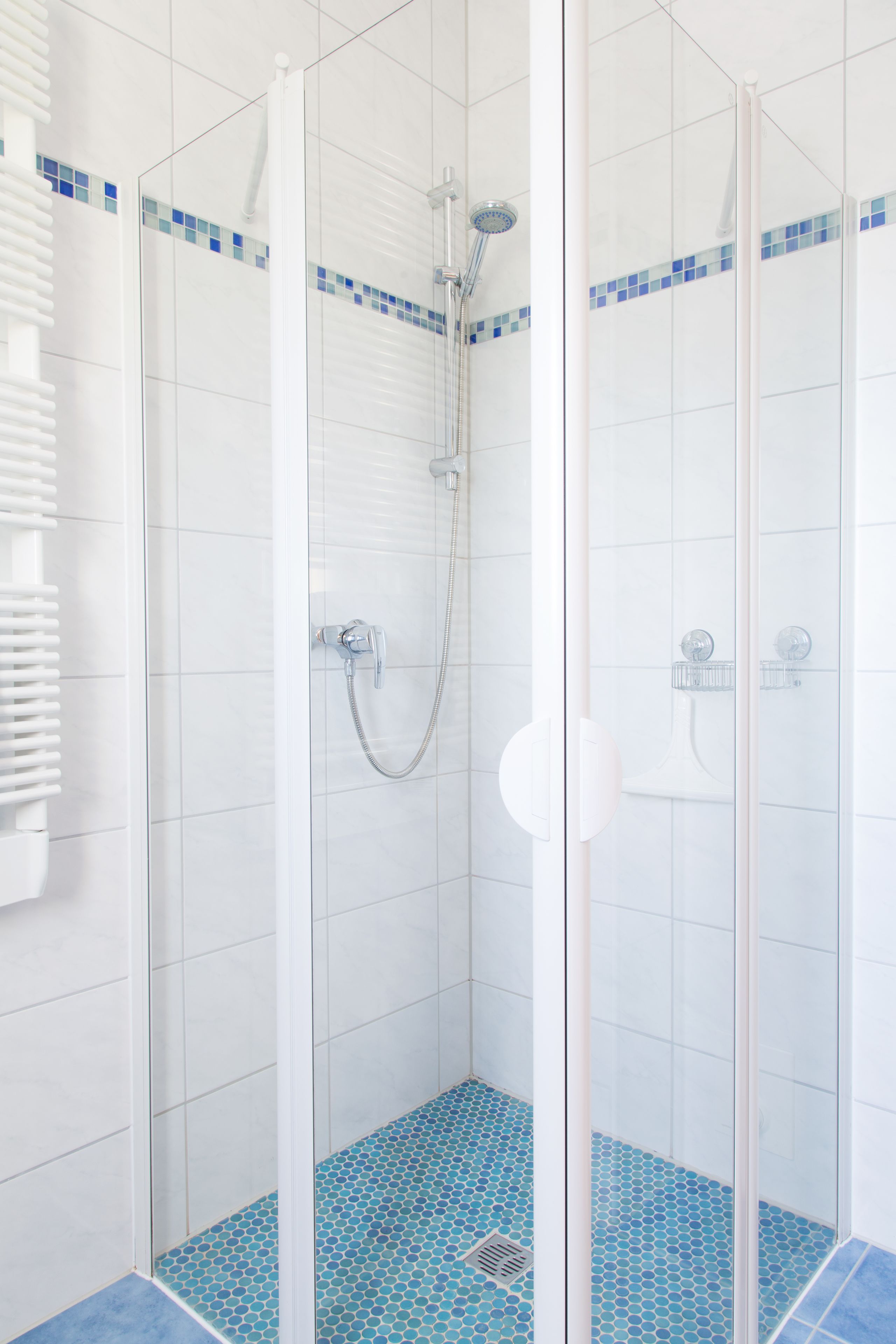 Une douche fermée par des parois de verre, avec un sol carrelé de carreaux bleus et des murs blancs.