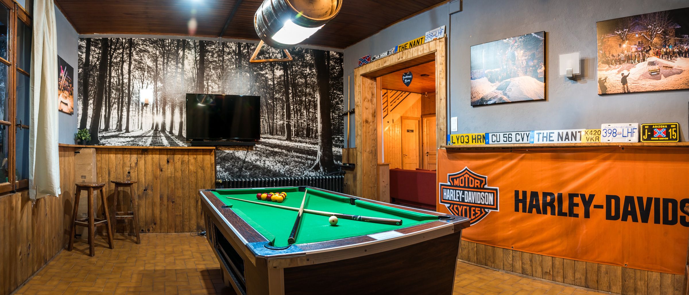 A pool table in a room with a mural of a forest path, a Harley-Davidson banner, and a mounted television.