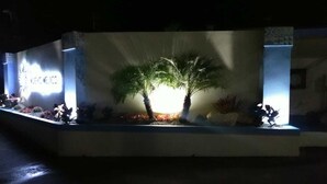 A well-lit outdoor area with a palm tree and decorative plants, a sign reading "MEXICO," and a pathway leading into the building. - Hotel Nuevo Mejico (Ponce)
