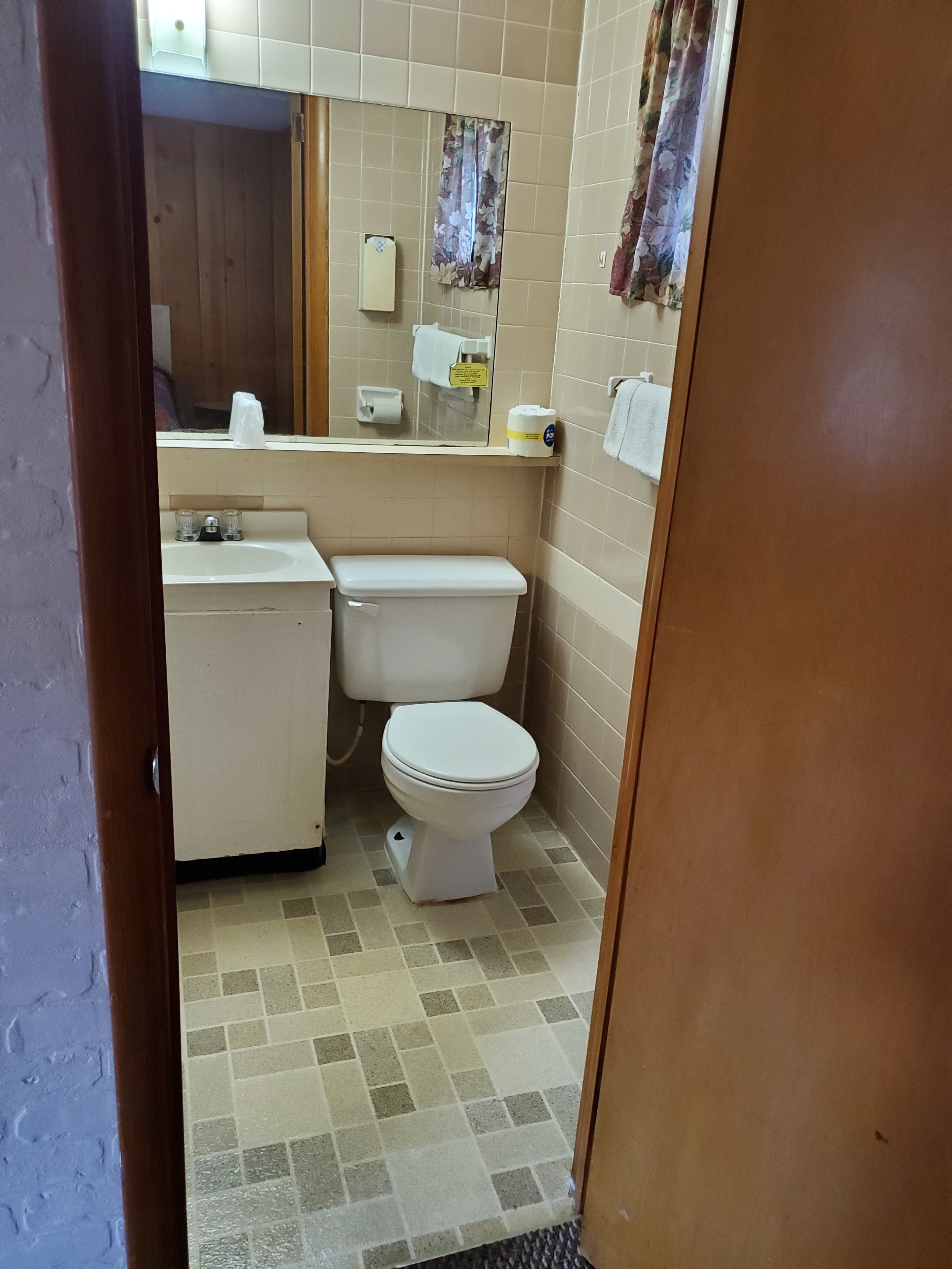 Un baño con inodoro, lavabo y espejo.