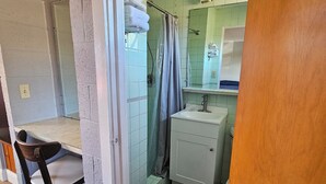 A compact bathroom with a shower, a sink, and a mirror. - The Last Resort (Hart)
