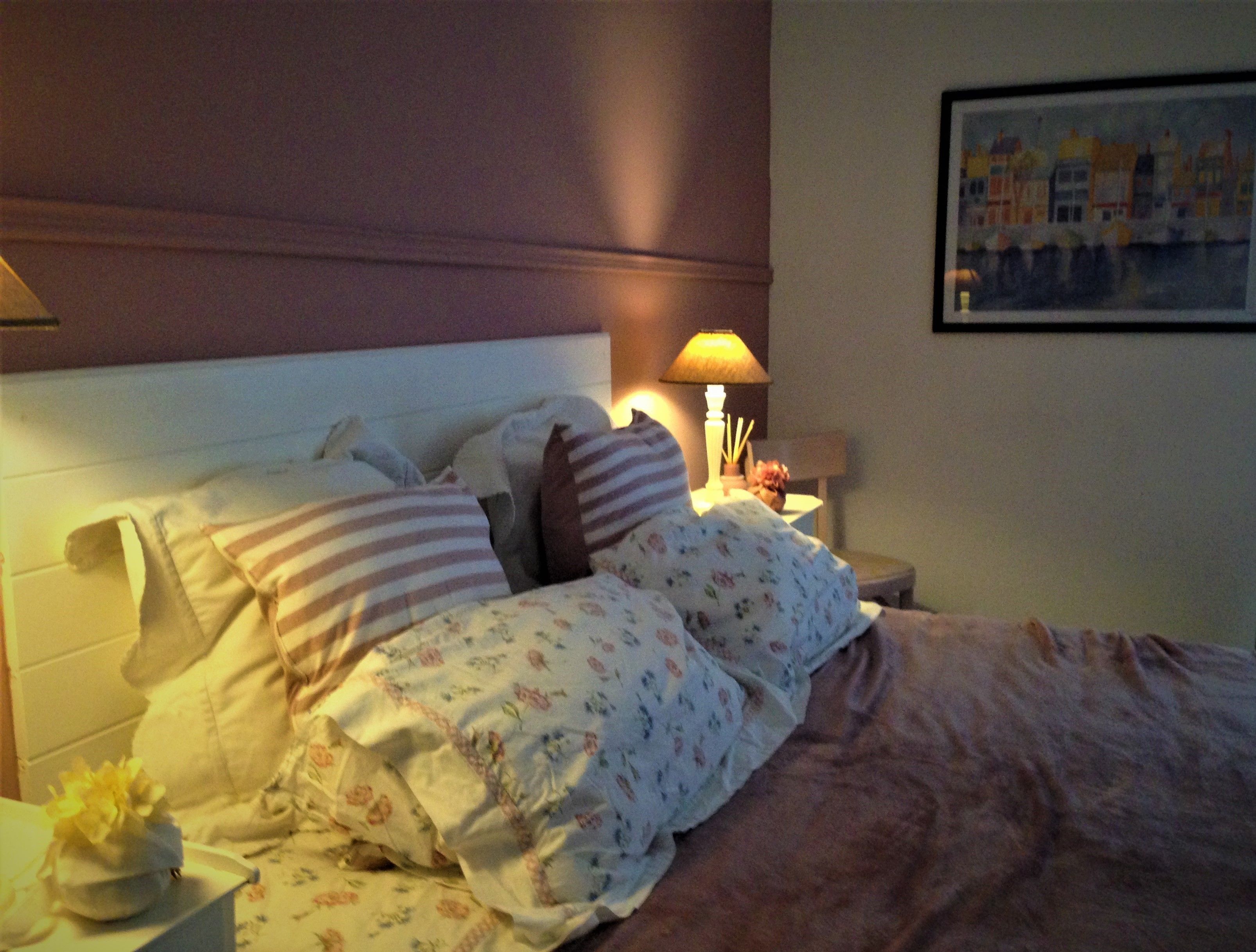 A neatly made bed with floral bedding and striped pillows, a bedside lamp, and a framed picture on the wall.