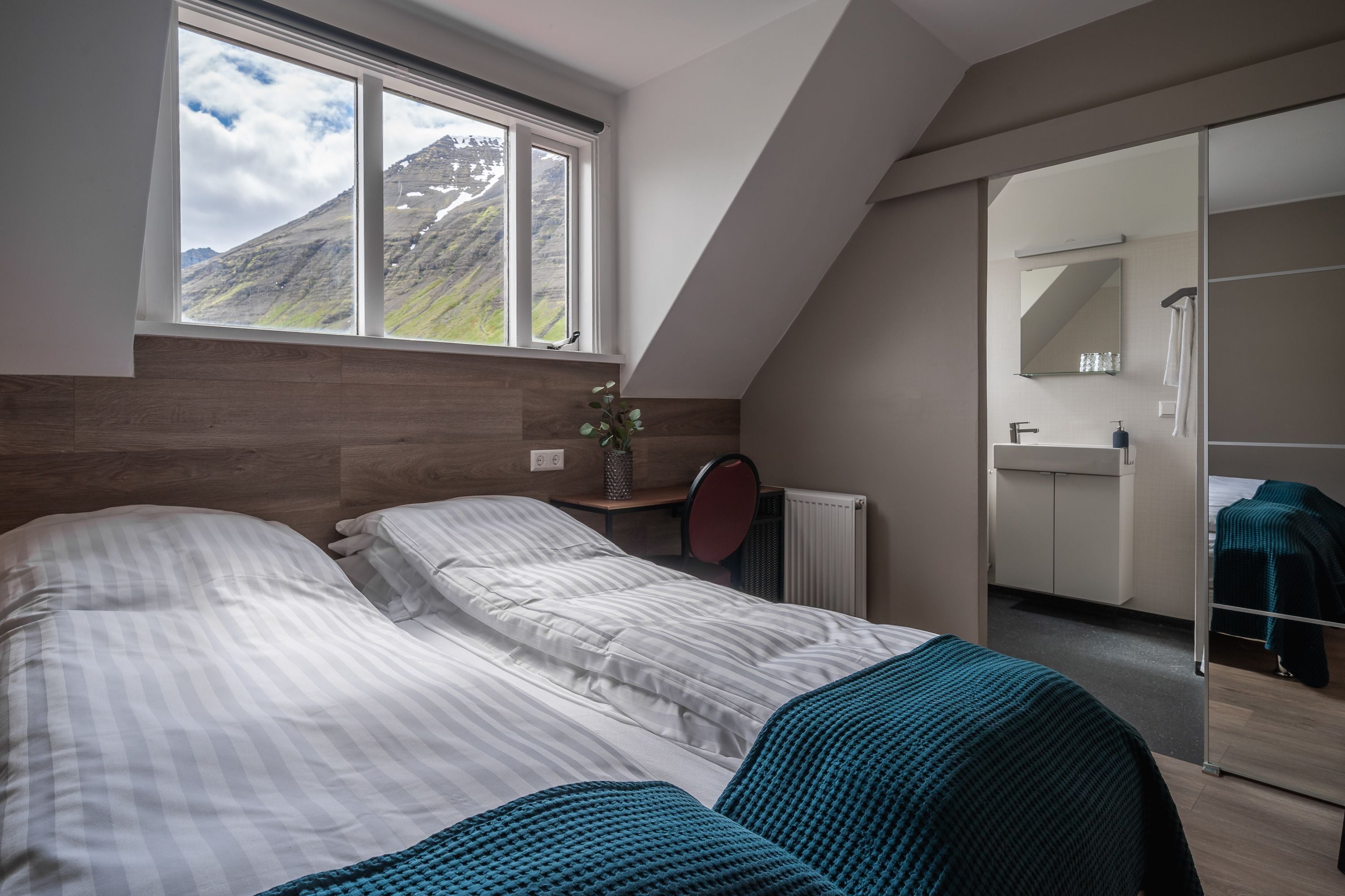 A bedroom with two beds, a window with a mountain view, a mirror, and a radiator.