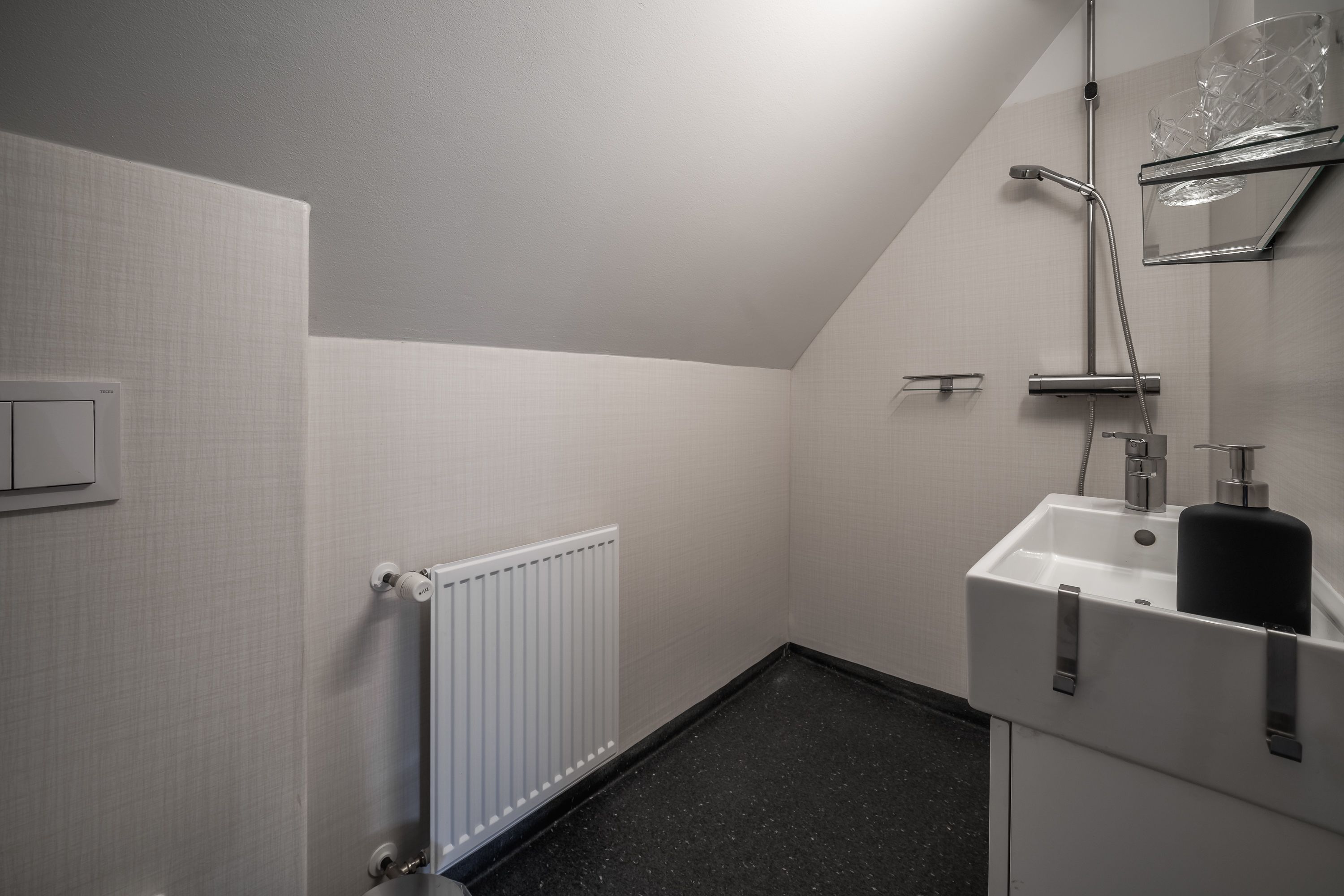 A modern bathroom with a white radiator, a sink with a black soap dispenser, and a shower with a glass-enclosed showerhead.
