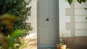Una puerta blanca con una pequeña planta en maceta a su lado.