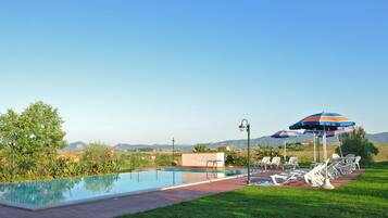 Een buitenzwembad, parasols bij het zwembad en ligstoelen