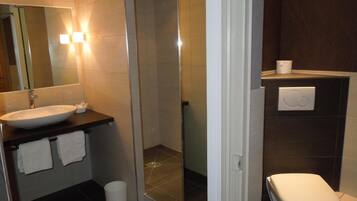 A modern bathroom with a large sink, a toilet, and a glass shower enclosure.