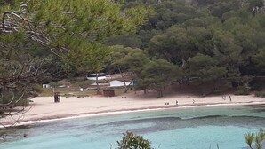Une plage à l’eau turquoise et limpide, un rivage sablonneux et, en arrière-plan, une colline boisée.