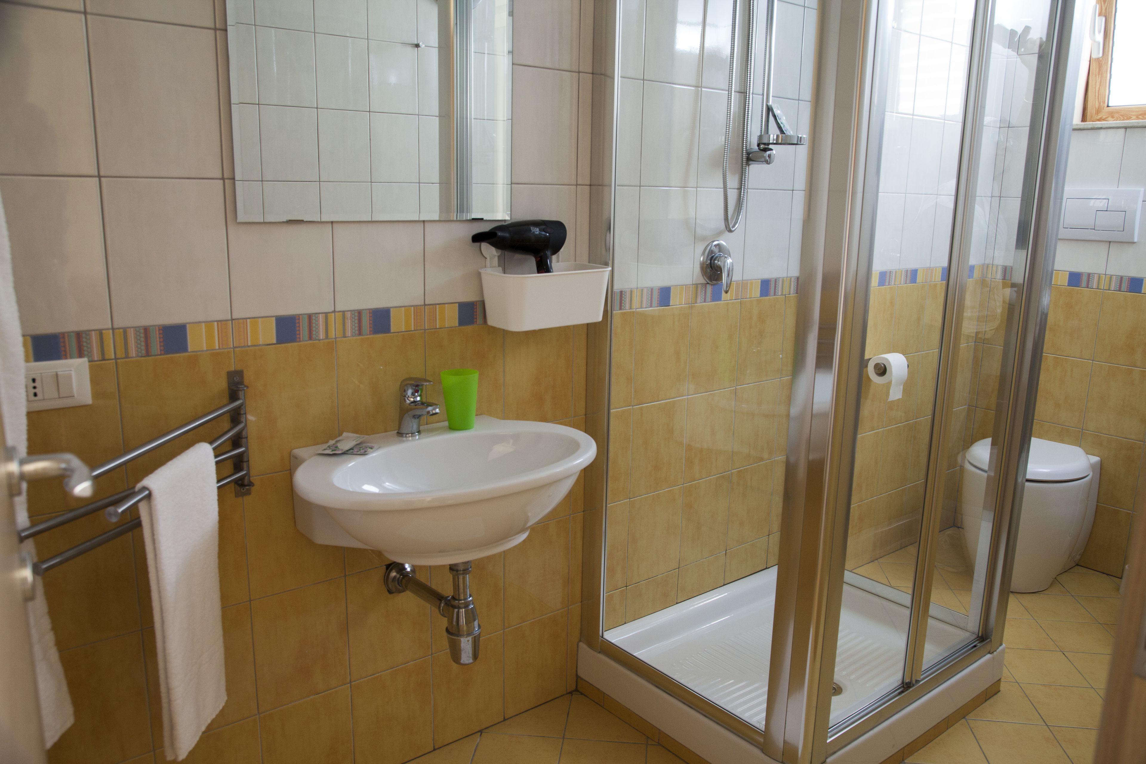 Ein Badezimmer mit Waschbecken, Spiegel, Handtuchhalter, Dusche und Toilette.