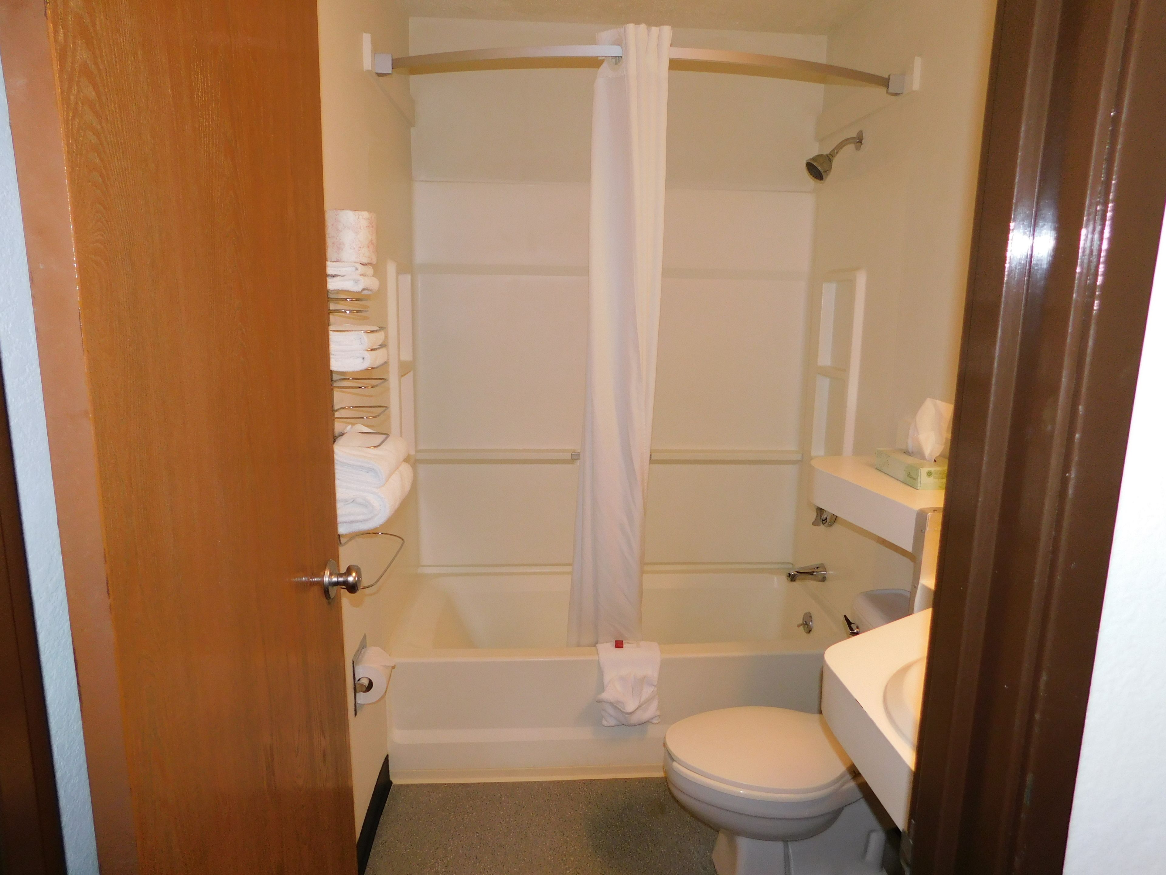 standard double room, 2 double beds, refrigerator & microwave | bathroom | shower, rainfall showerhead, free toiletries, hair dryer