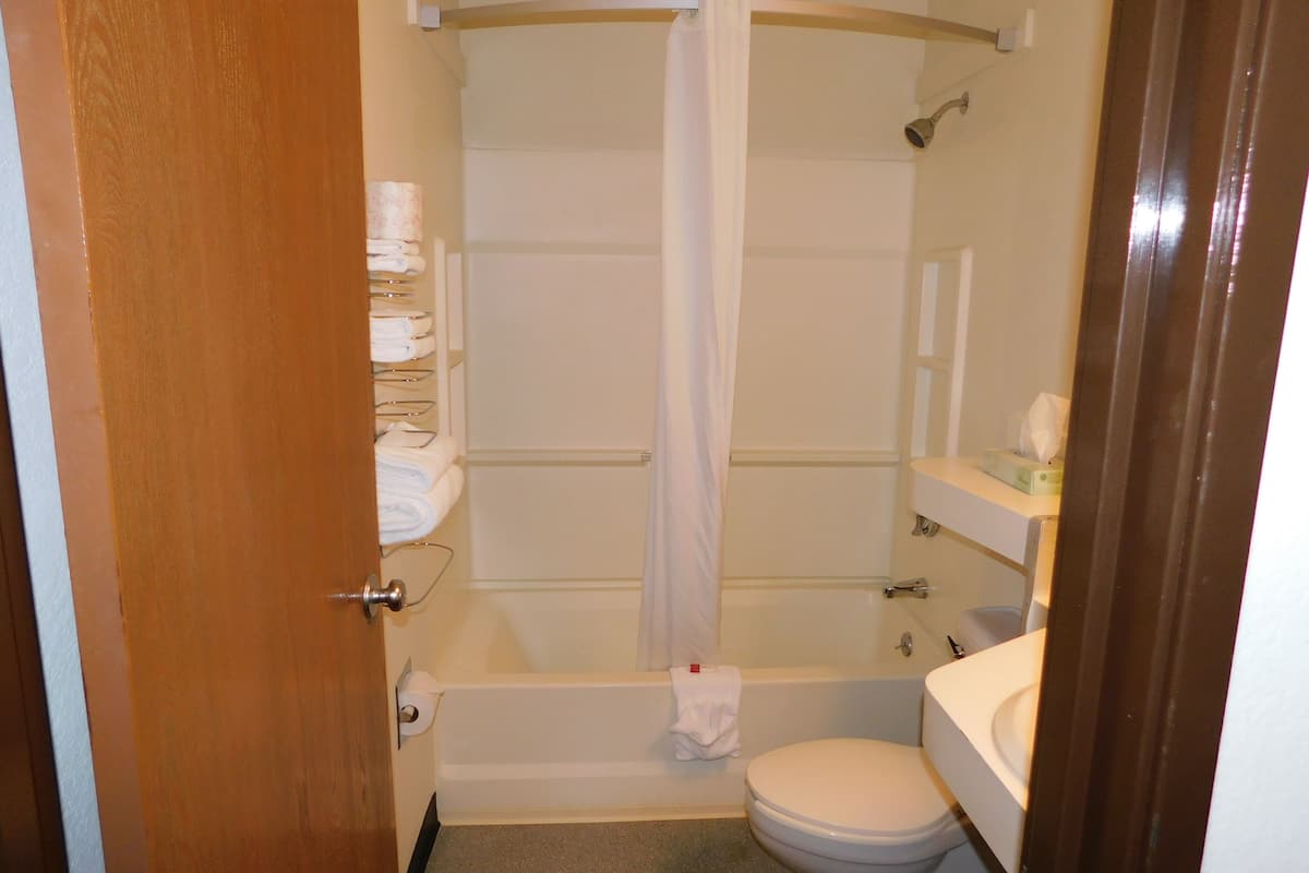 standard double room, 2 double beds, refrigerator & microwave | bathroom | shower, rainfall showerhead, free toiletries, hair dryer