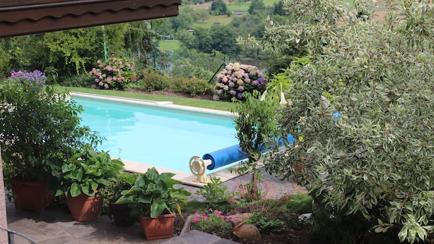 A swimming pool surrounded by potted plants and a view of a countryside landscape. - Pension Haus Erika (Stadtprozelten)