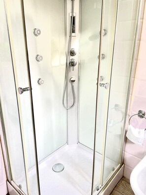 A glass-enclosed shower stall with a handheld showerhead and a control panel.